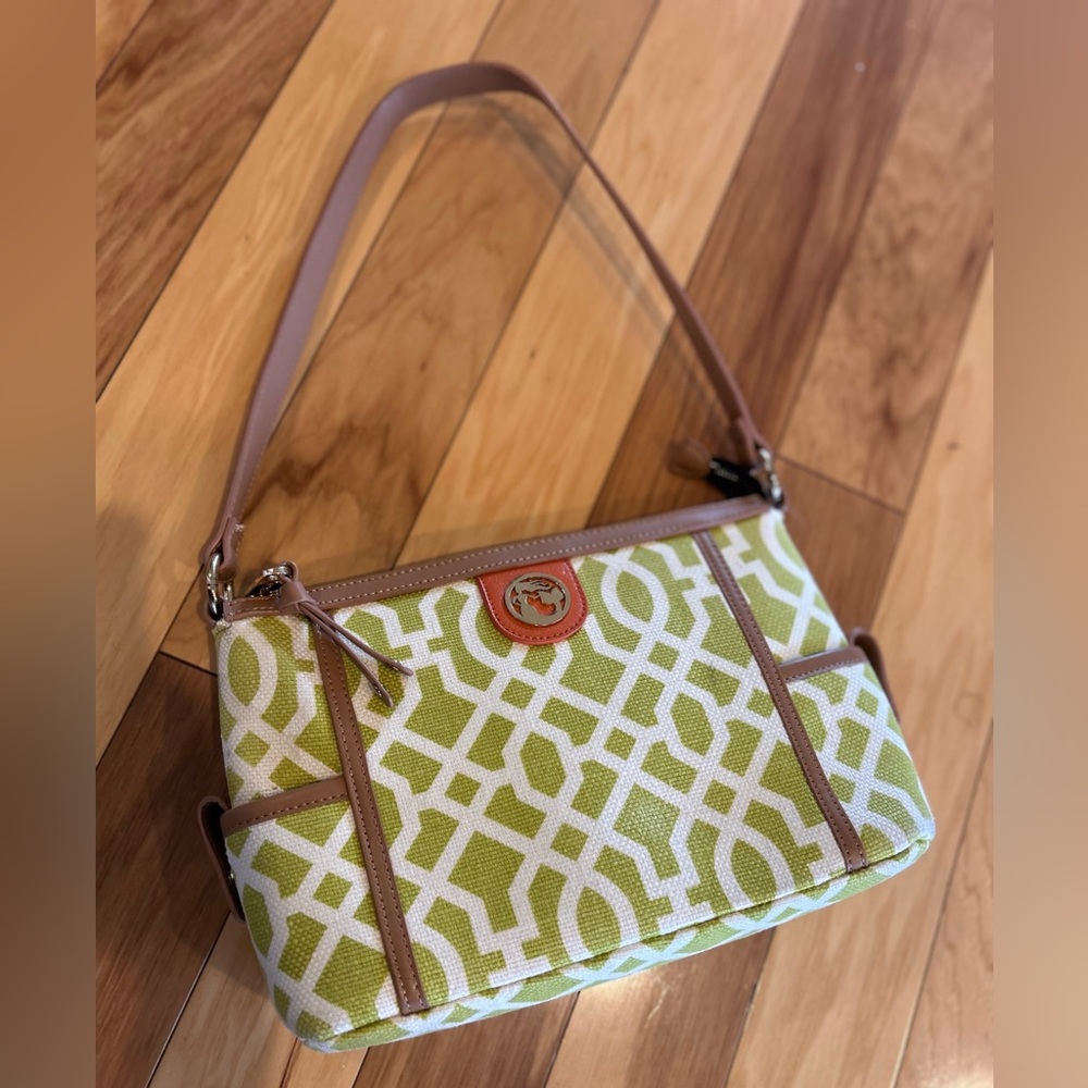 Spartina 449 Green Trellis Canvas Shoulder Bag Tan Leather Trim EUC